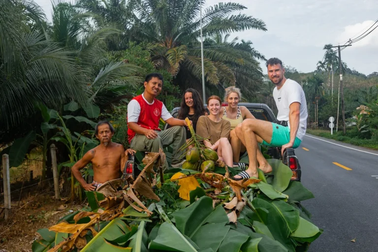 Exciting banana tree cutting experience with guide and guests at Khaolak Elephant Sanctuary