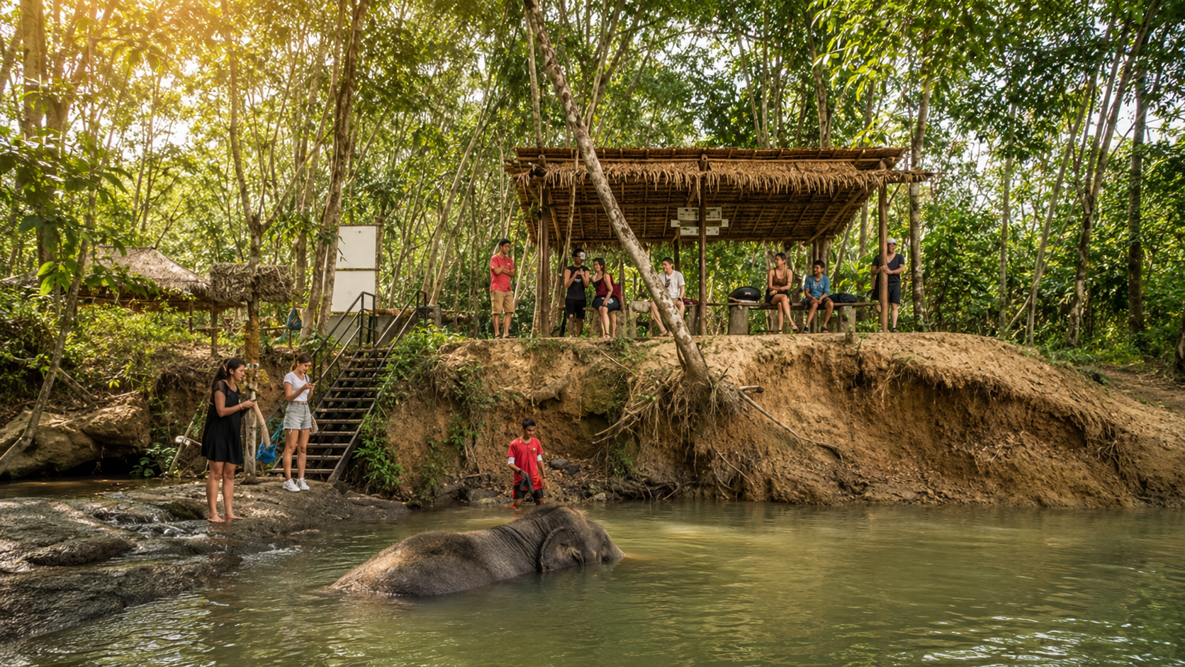 Family observing elephants respectfully at Khaolak Elephant Sanctuary in Khao Lak